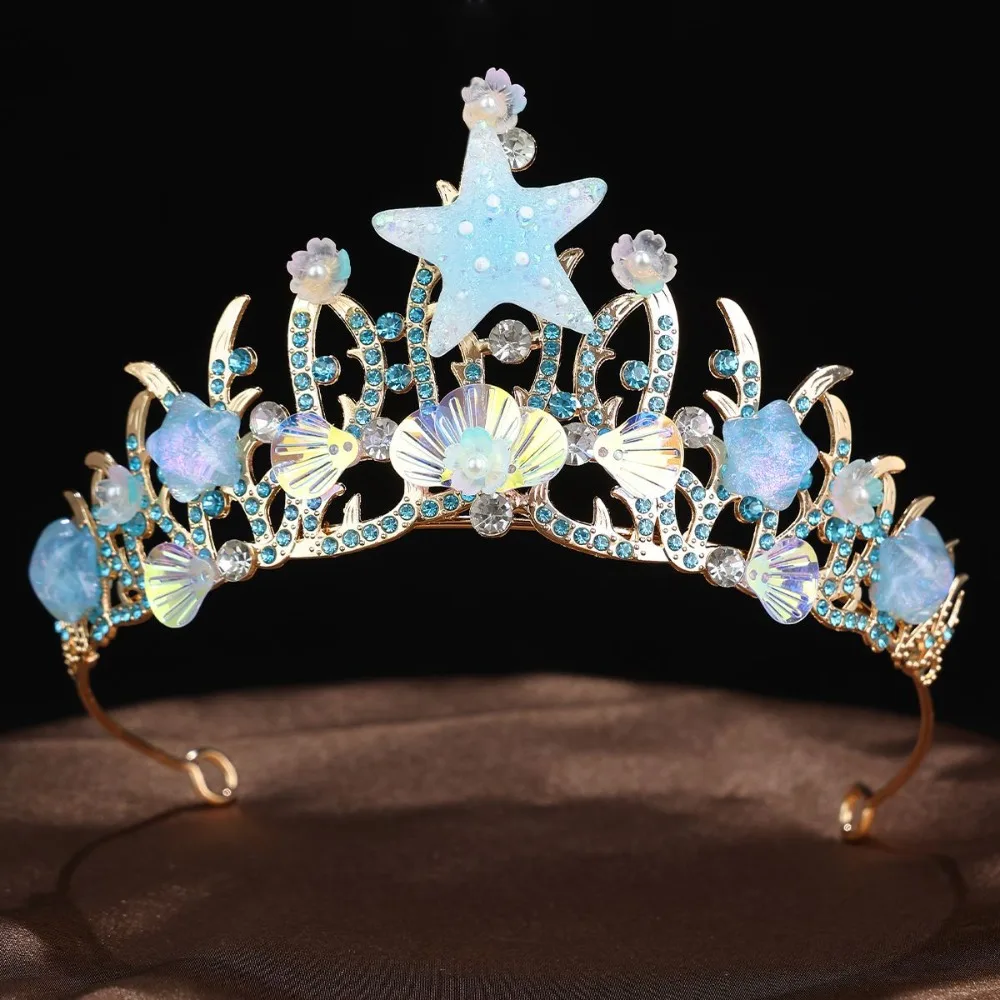 

Сверкающая корона-тиара с кристаллами и морскими звездами, обруч для волос ручной работы со стразами