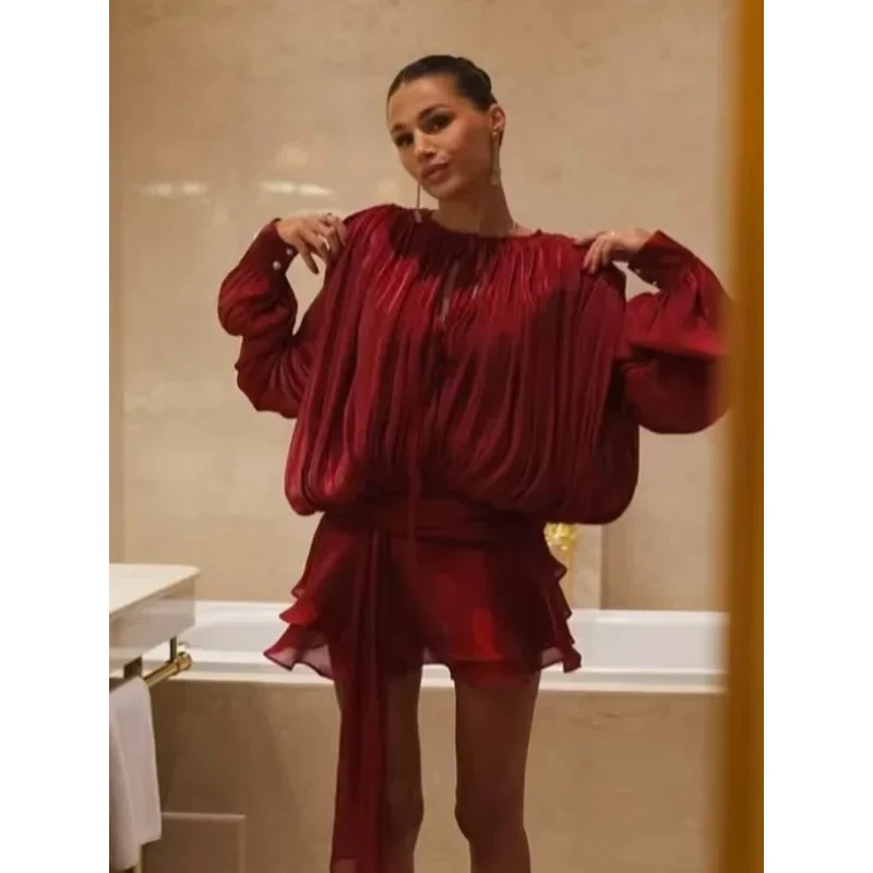 JIN Elegante Rosso Lace Up Ruffles Mini Abito da Donna O Collo Lanterna Manica Lunga Pieghettato Abiti Allentati Lady New Chic Abiti in Chiffon