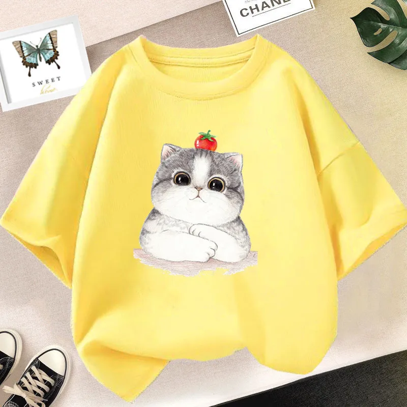 2024 New Girls Cute strawberry Cat Graphic T Shirt Summer Fashion Casual Short Sleeve Tops Students Cartoon Tee