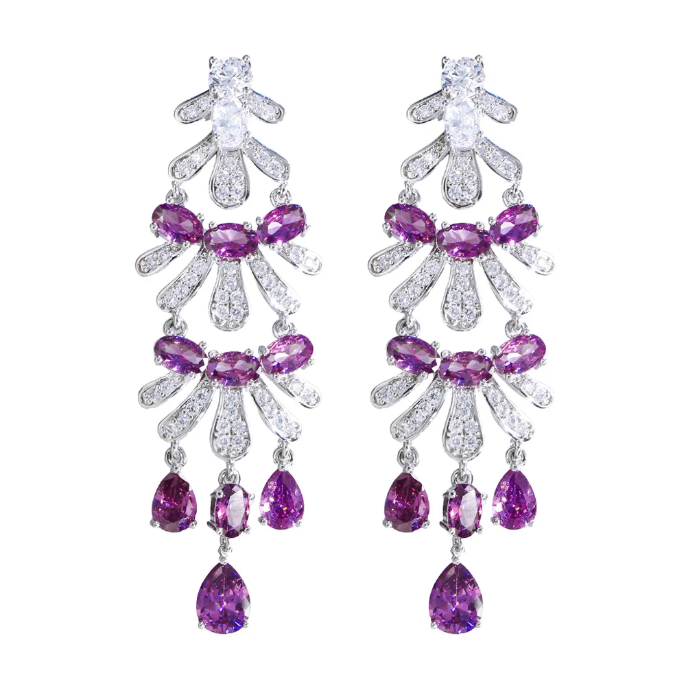 ThreeGraces Elegant Purple Cubic Zirconia Bridal Wedding Long Dangle Drop Earrings for Women New Fashion Party Jewelry E1274