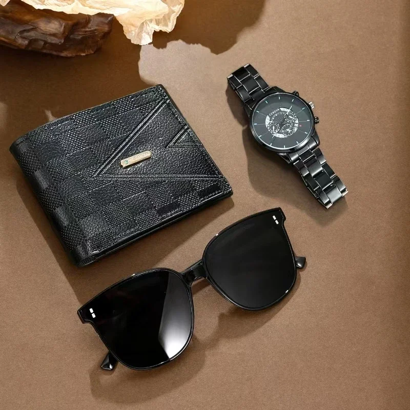 2025 크로스보더 핫셀링 3종 세트 남성 비즈니스 맞춤형 캘린더 스틸 벨트 시계 선글라스 지갑 세트