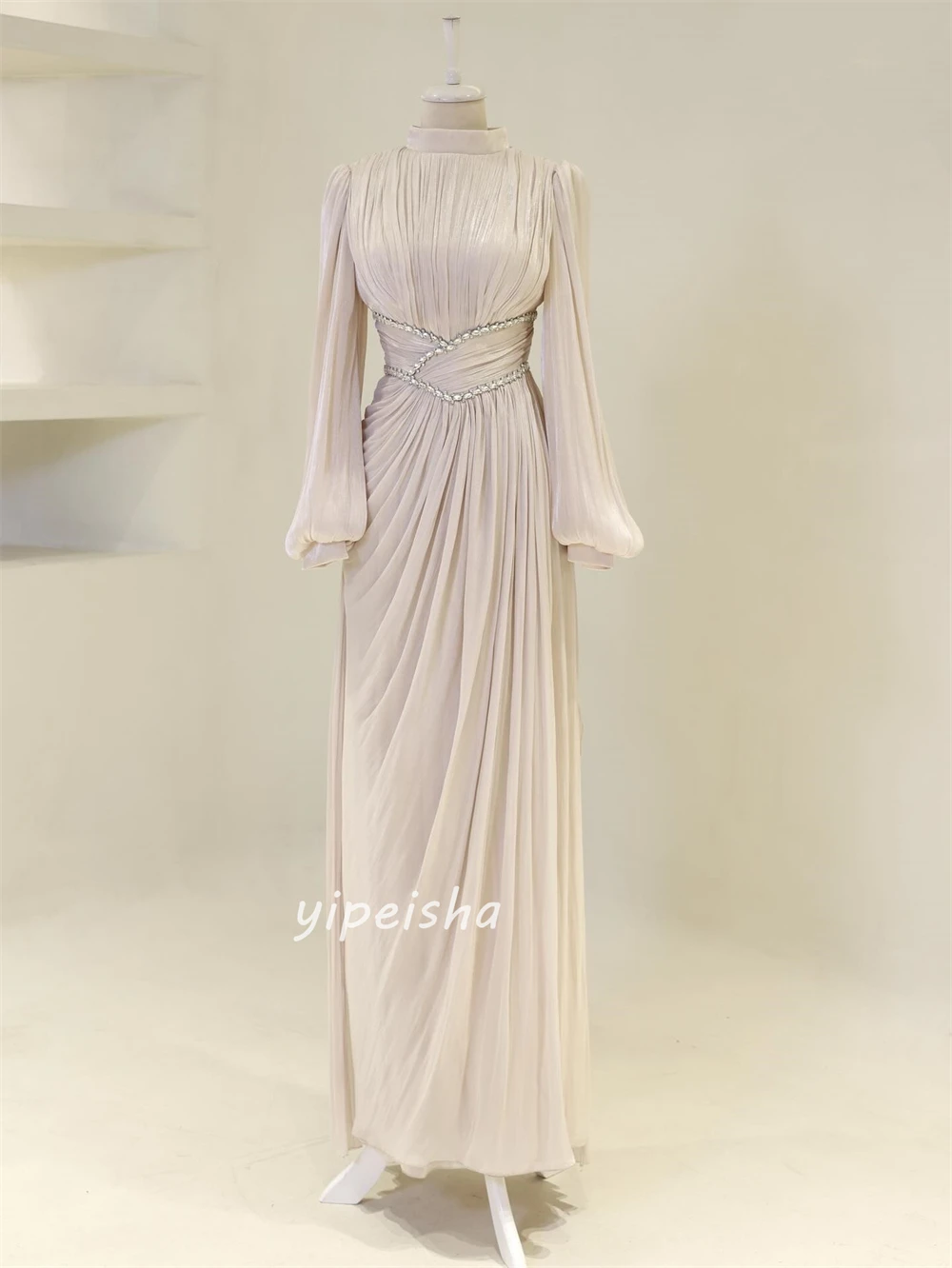 Customized High Quality Classic Chiffon Rhinestone Pleat Straight High Collar Long Dresses Bespoke Occasion Dresses Matching