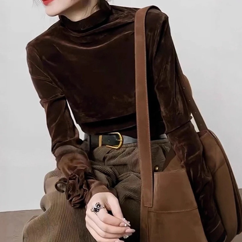 

Women T Shirts Tops Solid Tees 3D Floral Mock Neck Long Sleeves Slight Strech Slim Fit Casual Office Lady 2026 Autumn Winter