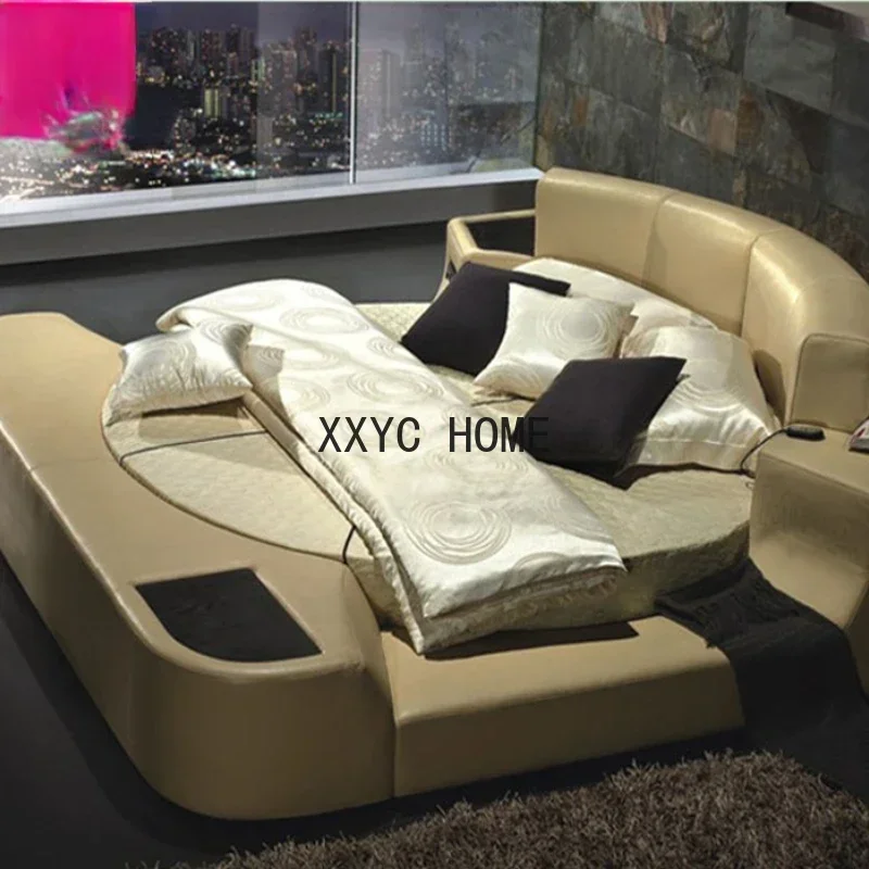 

European-Style Leather round Bed Tatami Soft Bed Double Princess Bed Adjustable