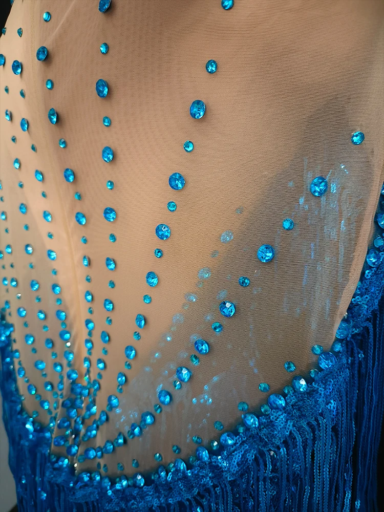 블루 라인스톤 프린지 스커트 거즈 메쉬 시스루 테일링 드레스 칵테일 가운 여성용 화려한 파티 프롬 댄스 나이트클럽 의상