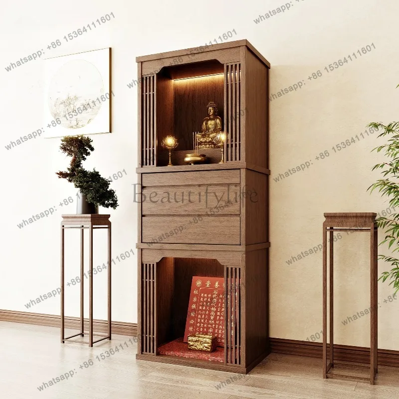 YJ New Chinese Standing Shrine Cabinet Minimalist Home Altar Table With Door Household Buddha God of Wealth Worship Cabinet