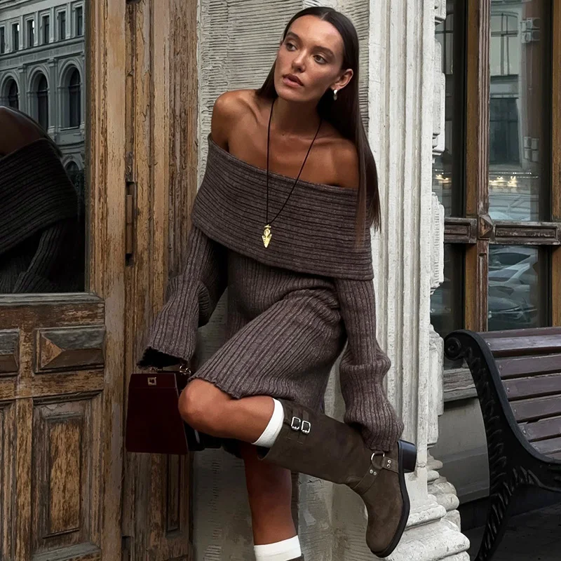 

Tuularose Elegant Knit Dress Fashion One Shoulder Sexy Loose Dresses Autumn Solid High Street Luxury Party Women's Knit Dresses