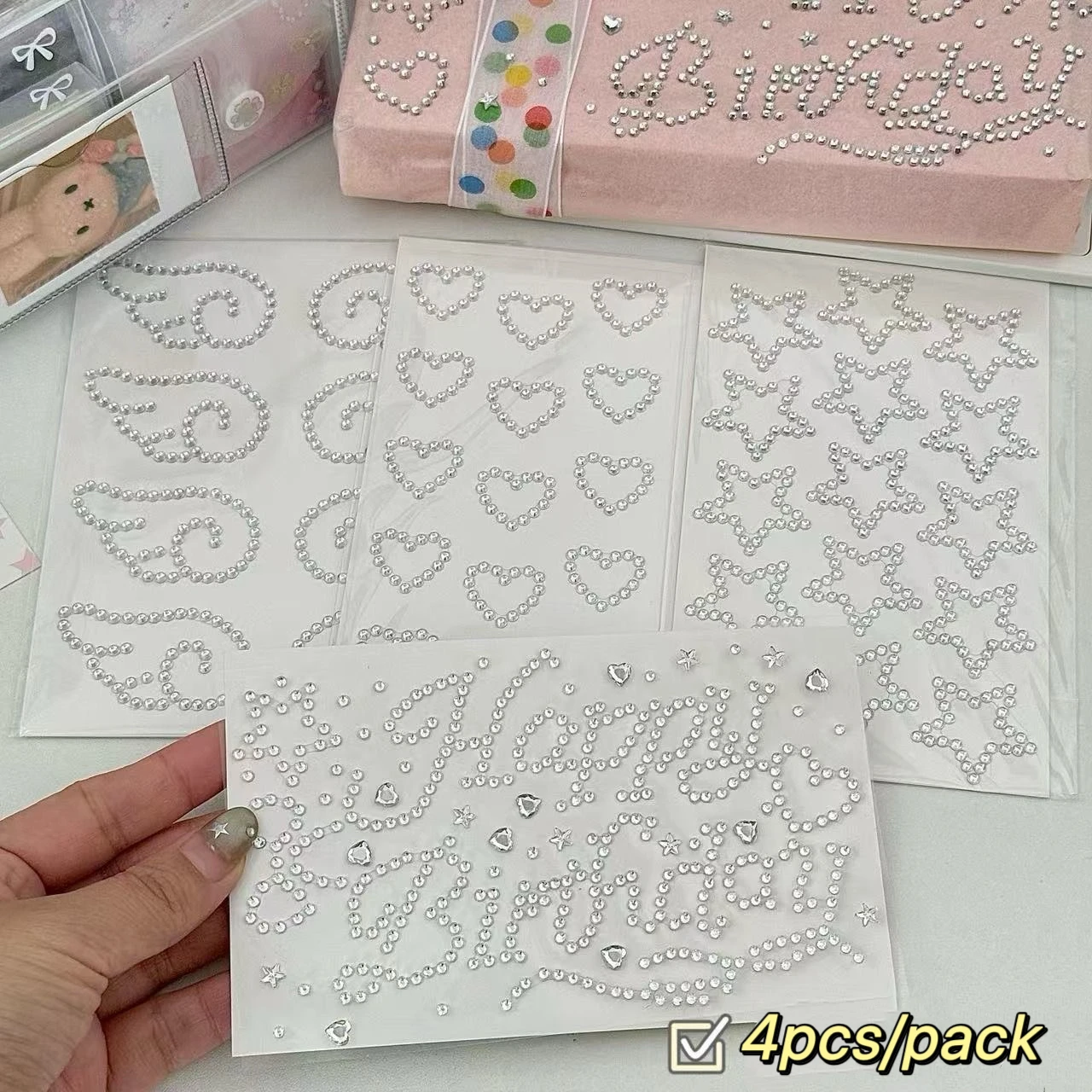Kpop Fotokarten-Deko-Aufkleber, Silberne Strass-Stern- & Herz-3D-Sticker, Geschenkverpackung Glitzer DIY Scrapbooking-Aufkleber – Detail 3