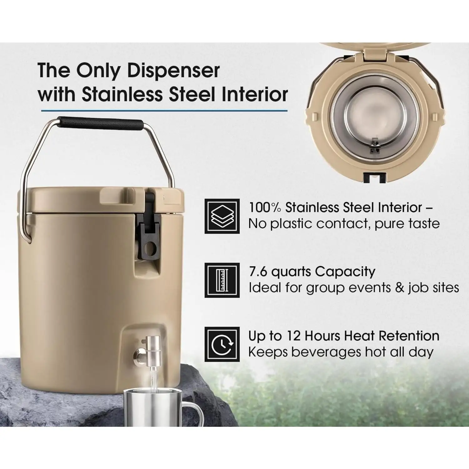 Izolowany dystrybutor napojów na gorące napoje - pojemność 7,5 litra, termos ze stali nierdzewnej na gorące i zimne napoje - przenośny pojemnik na napoje sportowe