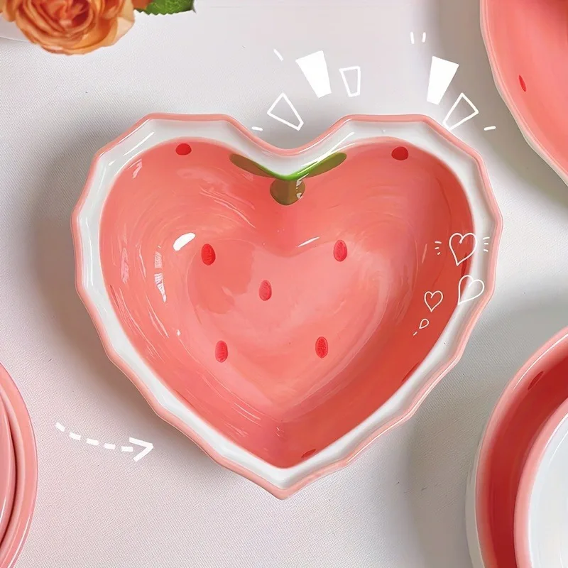 

Strawberry Bowl Spoon Plate Set Beautiful Girl Heart Bowl Salad Bowl Dessert Household Tableware