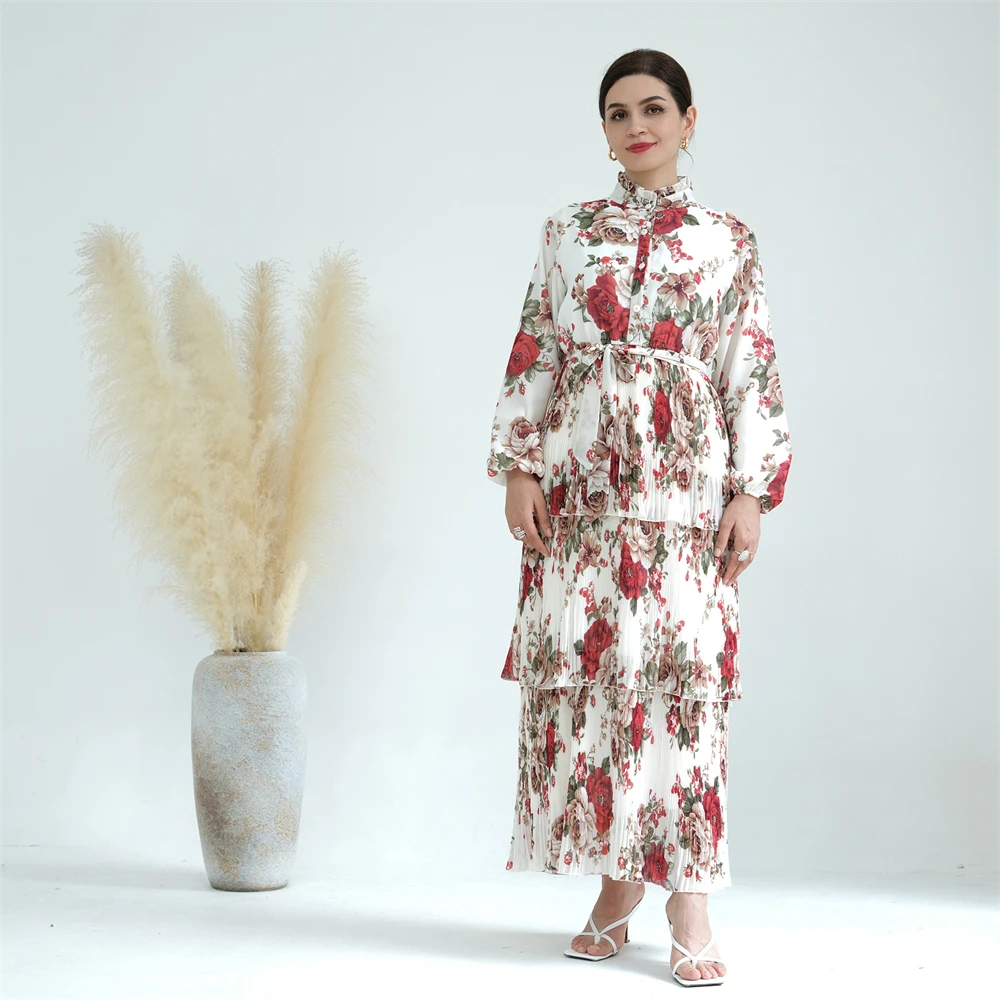 

Floral Print Kaftan Women Pleated Layer Maxi Dress Dubai Abaya Elegant Fashion Muslim Party Dresses Turkey Robe Vestidos Gown