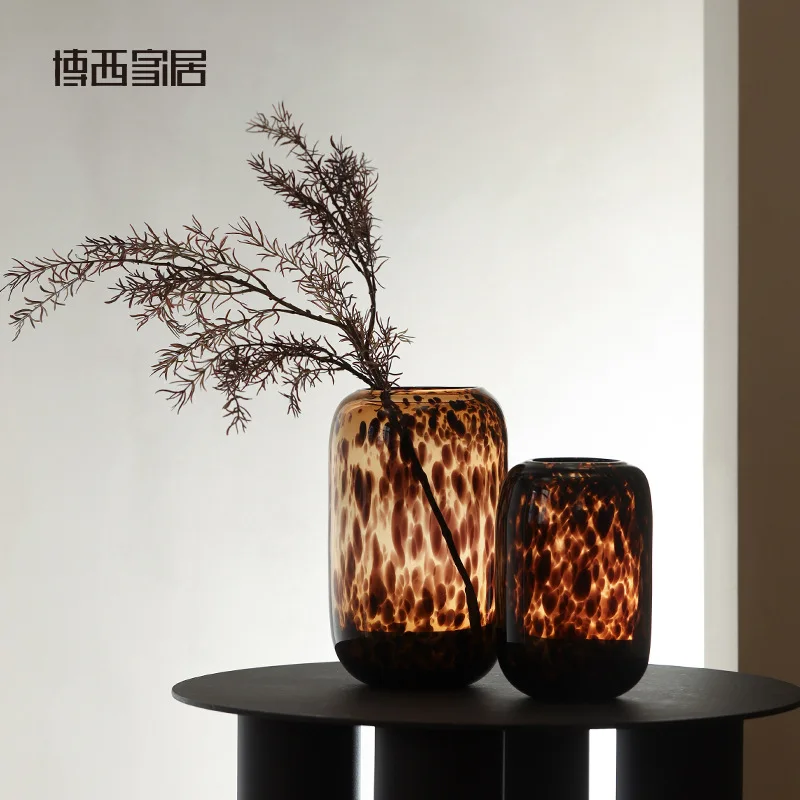 Vase Creative Design Sense Amber Leopard Print Glass Vase Ornaments Soft Decoration High Appearance Level