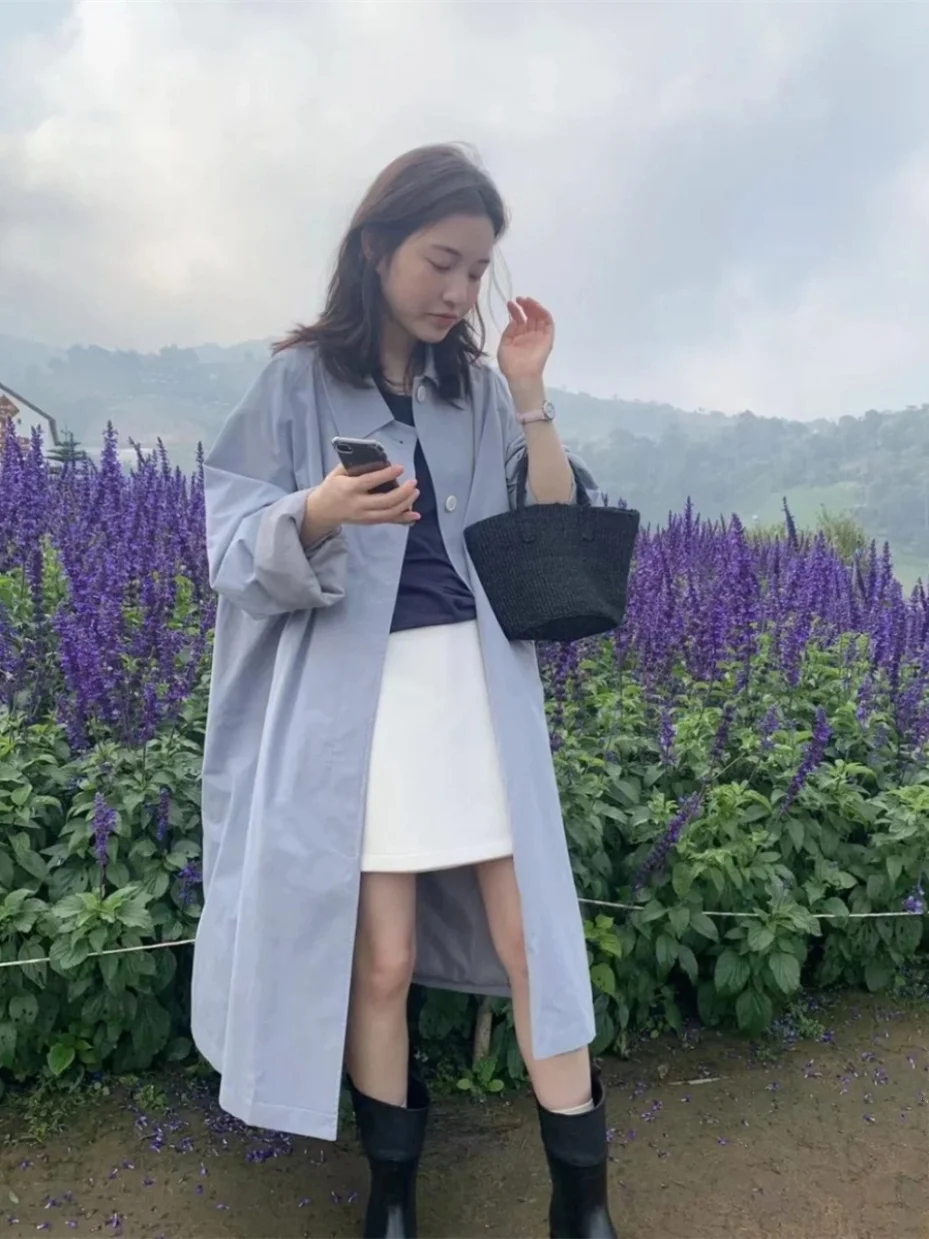   เสื้อกันลมคอปกพับได้กระดุมเดี่ยวสีน้ำเงินทรงยาวบางเฉียบ Jaet PREON Work Refreing Outerwear Spring Summer Lightweight