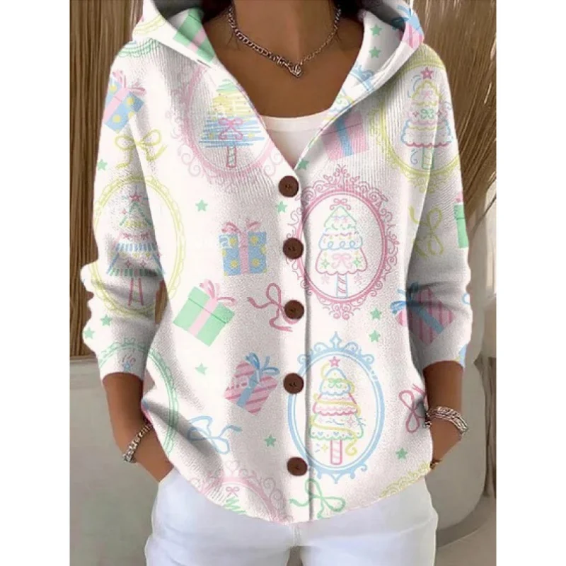 New Women's Hooded Jacket Autumn Winter European  American Fashionable Cardigan Women's Coat 3D Christmas Printed Multi-color