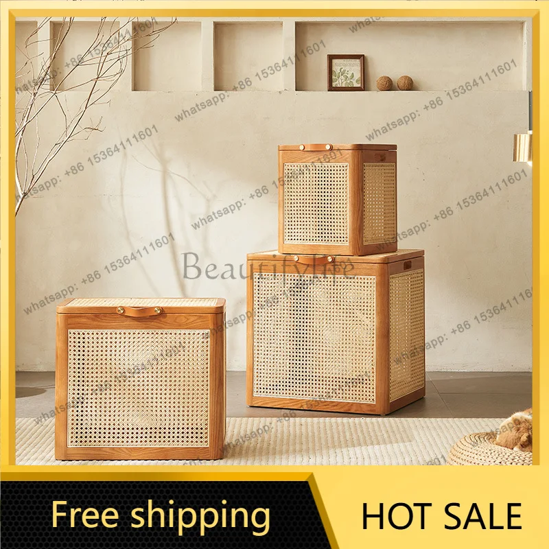 FG solid wood rattan storage box creative storage stool   stool Nordic, mini   box