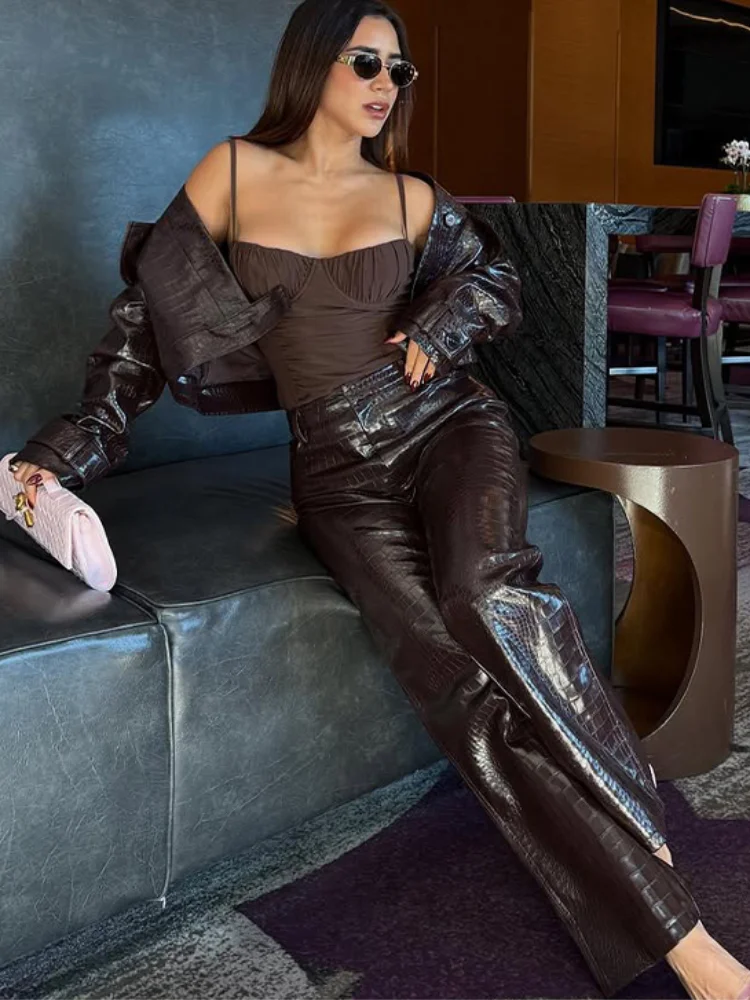 Шикарное кожаное короткое пальто с лацканами, женское однотонное лоскутное однобортное длинное брючное пальто с длинными рукавами, 2021, женская повседневная верхняя одежда для поездок на работу