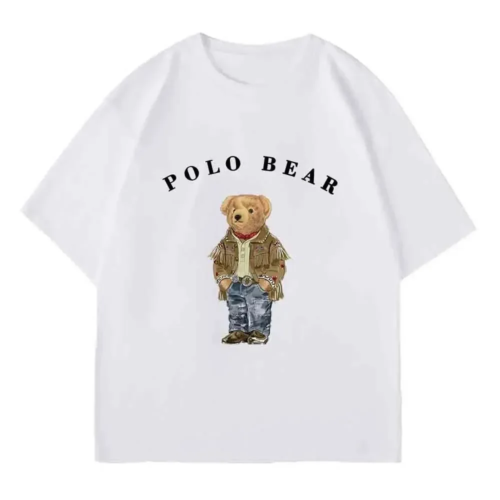 New Pure Cotton Oversized Casual Teddy Bear Couple T-shirt Short Sleeved Polo Round Neck Women's T-shirt Street Wears Tops