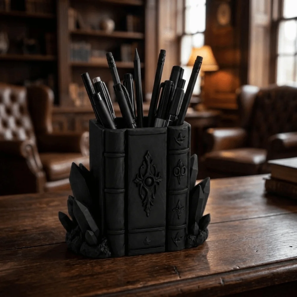 Gothic Style Magic Book Crystal Pen Holder Plastic Large Capacity Makeup Brush Storage Box Decorative 3D Printed Pen Stand