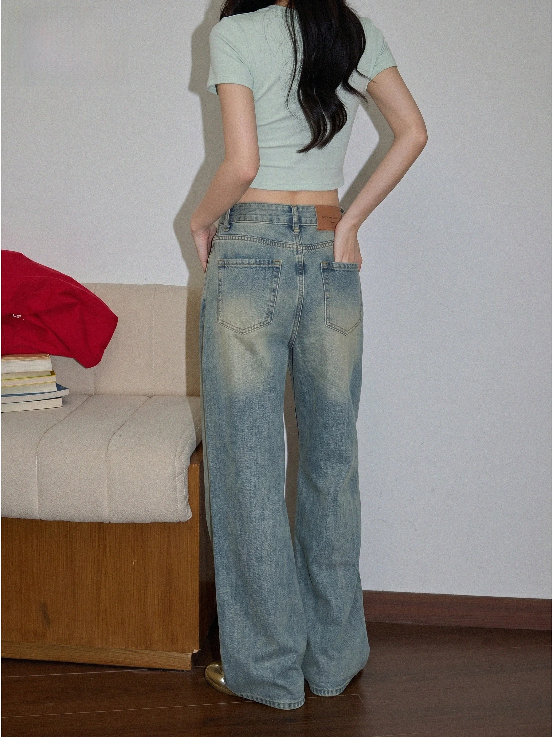 American Style High Waist Wide Leg Jeans Women's Summer Loose Fit Slimming Floor Length Pants Retro Wash Casual Jeans
