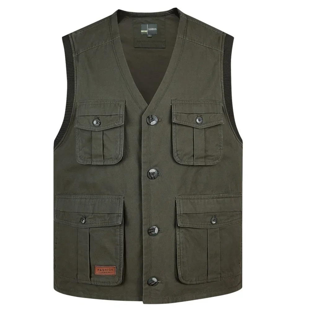 With Many Pockets Thin Comfortable Khaki Army Green Tool Summer Multi Pocket Men Vest Cotton Button SleevelWaistcoatess Jacket