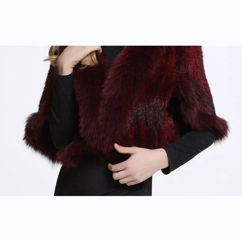 Autumn Winter Ladies\' Genuine Knitted Mink Fur Shawls Fox Fur Collar Women Fur Pashmina Wraps Bridal Cape Coat Jacket