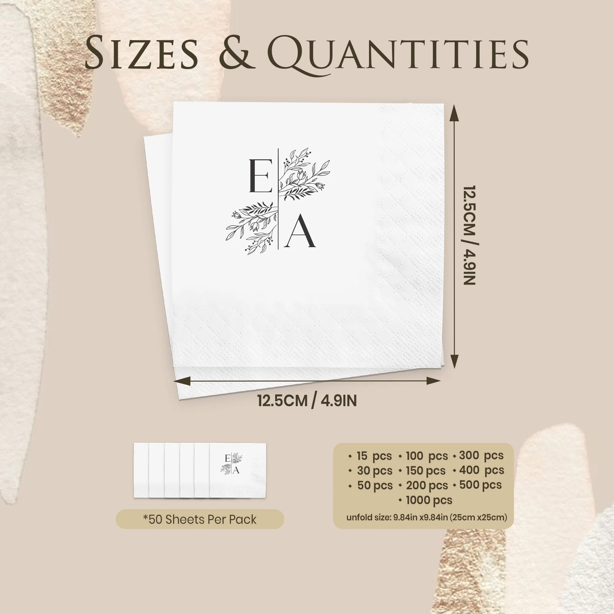 Personalisierte Servietten, 3-lagige, individuell gestaltete Cocktail-Servietten, Monogramm-Einweg-Papierservietten für Hochzeiten, Junggesellinnenabschiede und Brautparty-Dekorationen. – Detail 2