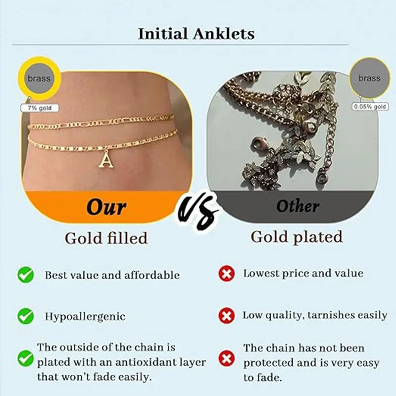 Initial Layered Waterproof Anklet Bracelets for Women
