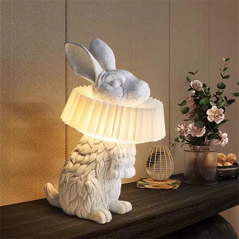 Modern Adorable Rabbit Table Lamp Led Animal Children's Lamp Bedroom Study Resin Desk Light Fixture Home Decor Indoor Kids Room