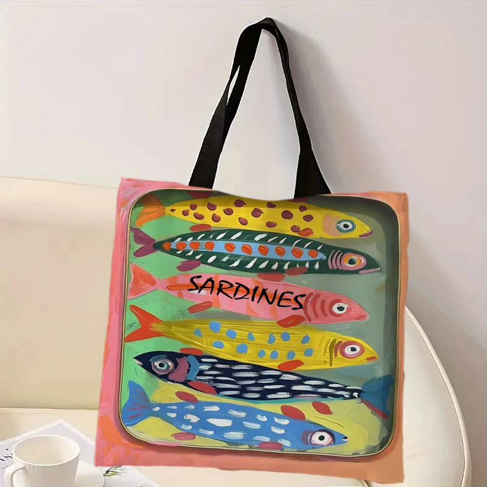 Bunte Sardine-Einkaufstasche im Vintage-Design, große Kapazität, Umhängetasche, lässige Damenhandtasche, Sardinen in Olivenöl, Retro-Muster