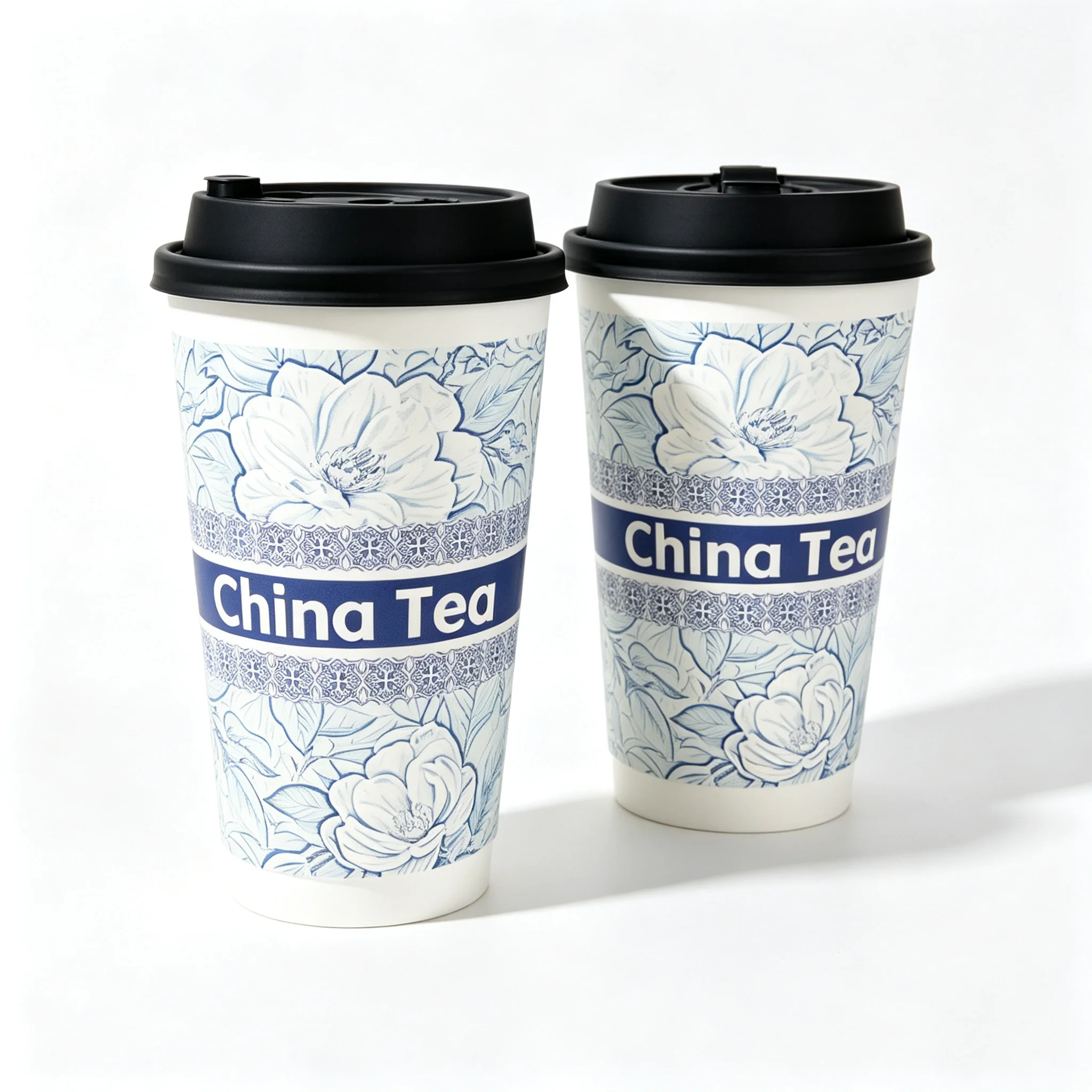 50Pcs16/22oz Disposable Double‑Wall Paper Cups ,China Tea Blue Floral Printed Hollow Hot Drink Cups for Cafe Takeaway Party