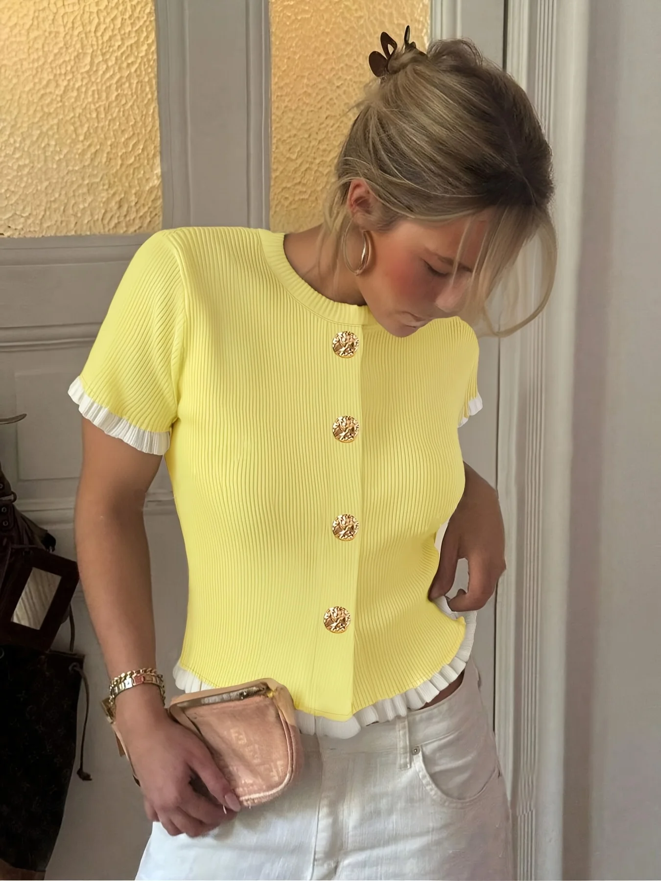 Summer Round Neck Knit Blouse, Ladies White Ruffle Edge Gold Buttons Slim Fit Short Sleeve Top