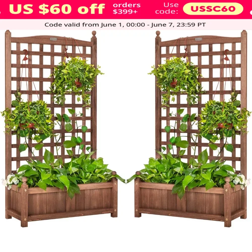 

Wood Planter Raised Garden Bed with Trellis, Planters Box Lattice Panels with Planter W/Drainage Holes, Planter with Trellis