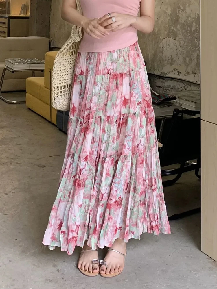 Jmprs Boho Pink Floral Chiffon Skirts Women Vintage Casual High Waist Loose Long Skirt Retro French Elegant Summer Female Skirt