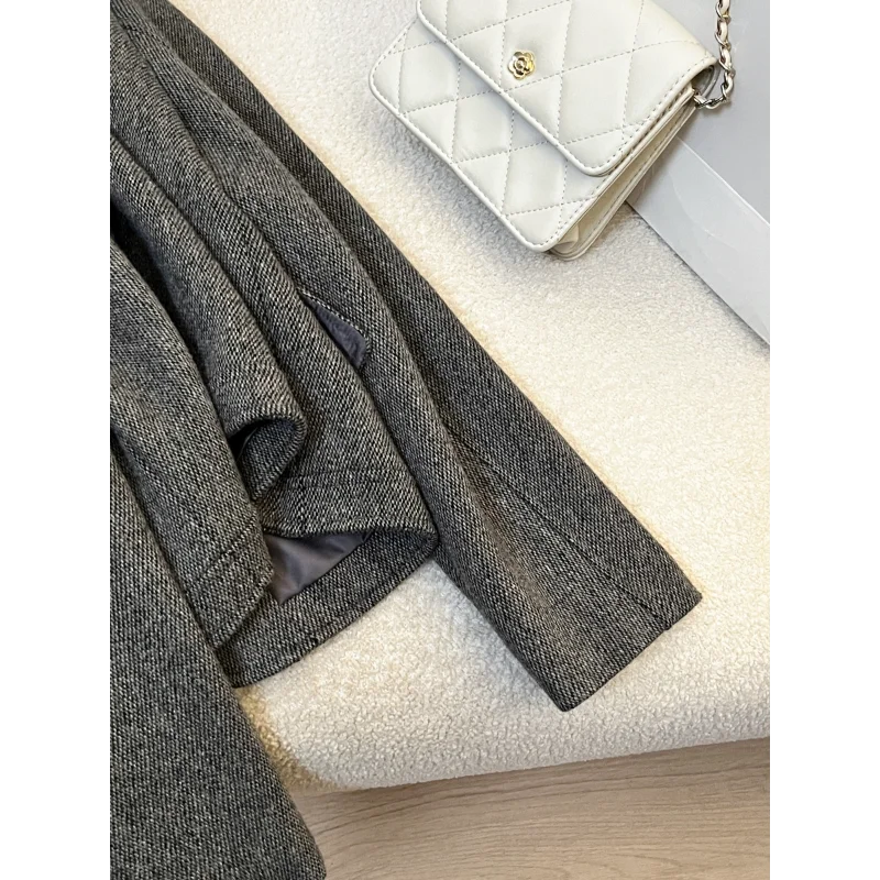 Wysokiej jakości szary, pachnący krótki płaszcz damski na jesień i zimę, w stylu koreańskim, prosty, casualowy, do biura, francuski płaszcz tweedowy.