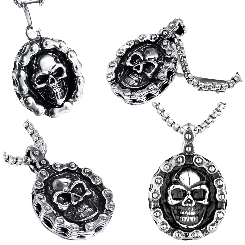 Stainless Steel Round Skull Head Pendant Necklace Men Vintage Silver Hang Neck Jewelry Waterproof  Wholesale Drop Shipping