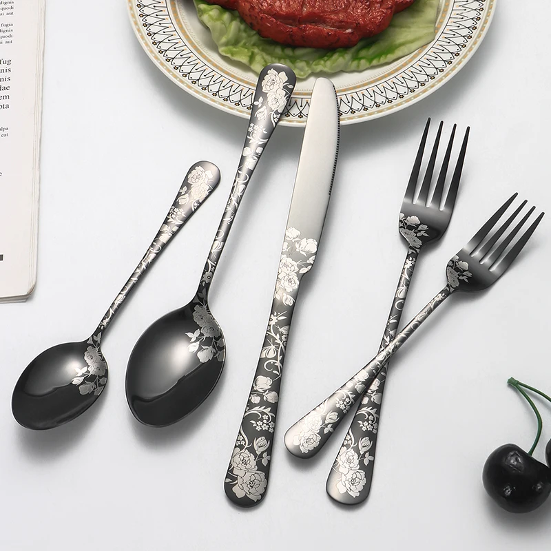 Pattern 5pcs/20pcs printed stainless steel tableware knife, fork and spoon hotel western steak knife and fork