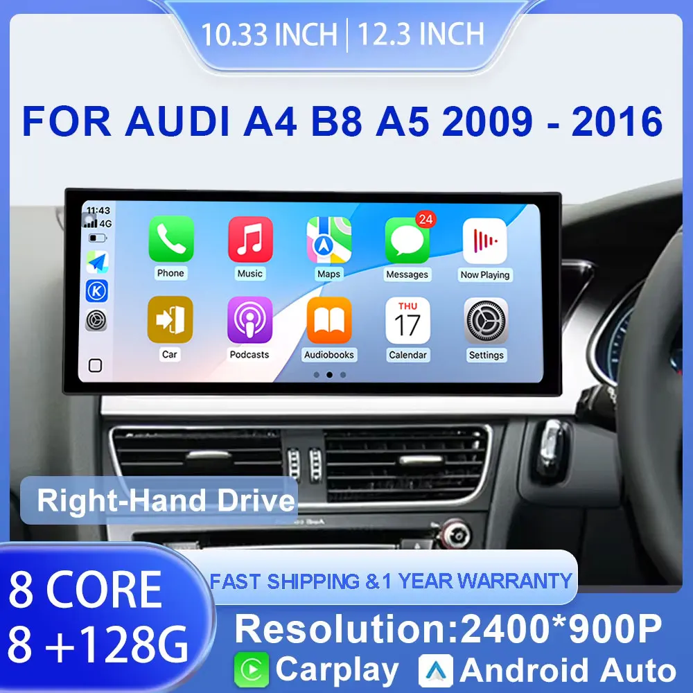 RHD for Audi A4 B8 A5 2009 - 2016 Android 15 GPS Navigation Car Video Multimedia Radio Player Bluetooth WiFi Carplay Auto   4G