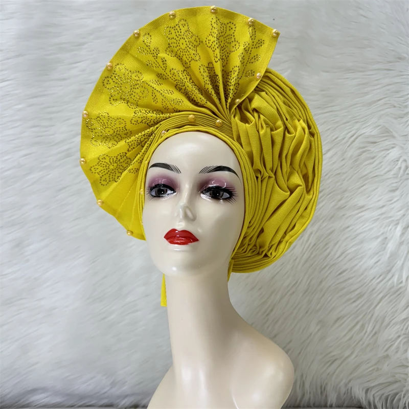 

Высококачественный африканский нигерийский головной убор Gele: элегантный тюрбан с камнями, повязка на голову, шарф-платок, головной убор-шляпа, новый брендовый головной убор Gele