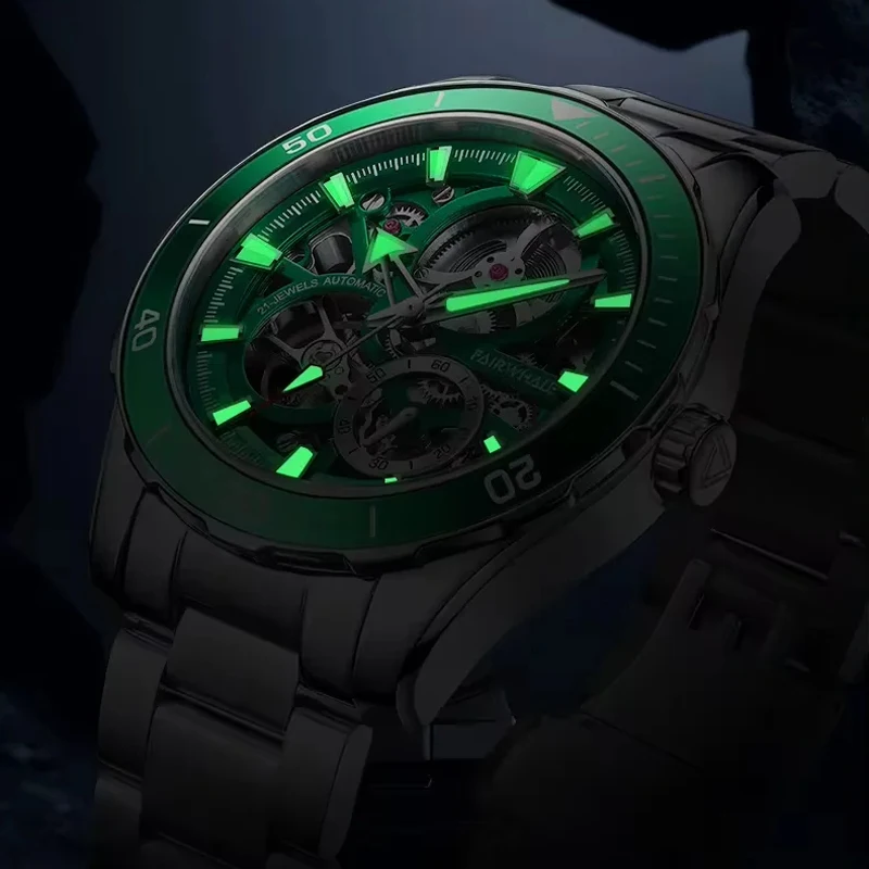 Mark Fairwhale Фирменные новые модные механические часы со скелетом для мужчин, светящиеся водонепроницаемые часы из нержавеющей стали с турбийоном, мужские часы