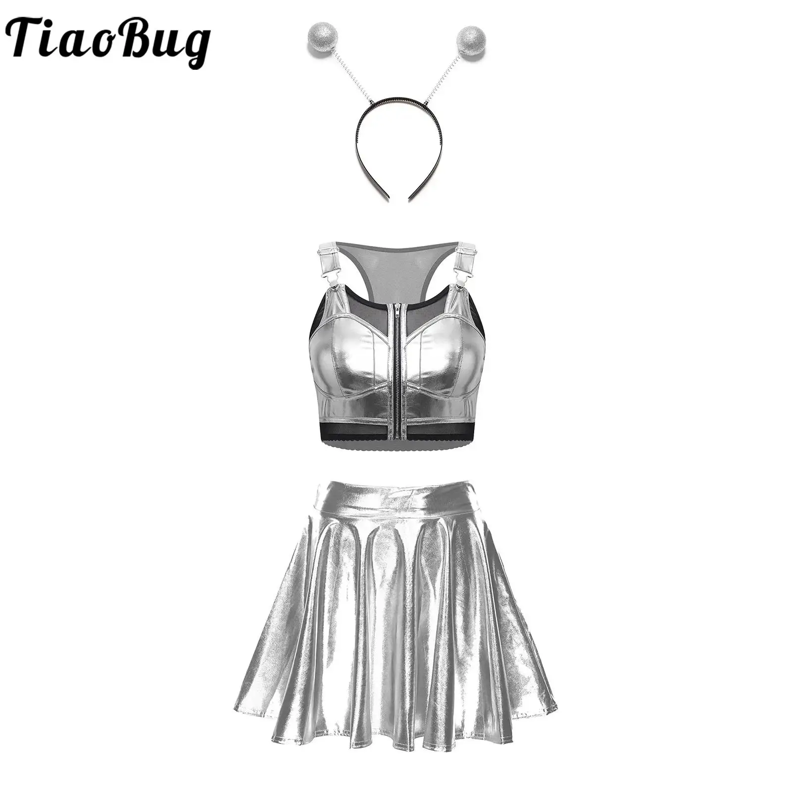 Women Shiny Alien Dress-up Costumes Outfit for Halloween Party Metallic Clubwear Mesh Patchwork Crop Top with Headband And Skirt