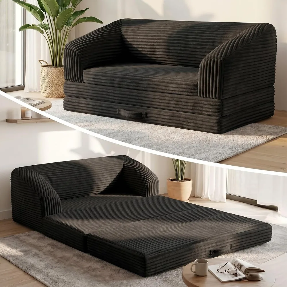 Convert Tri-Folding Sofa Bed, Thick Backrest & Carry Handle, Foldable Sleeper Sofa for Living & Guest Rooms, Soft Corduroy
