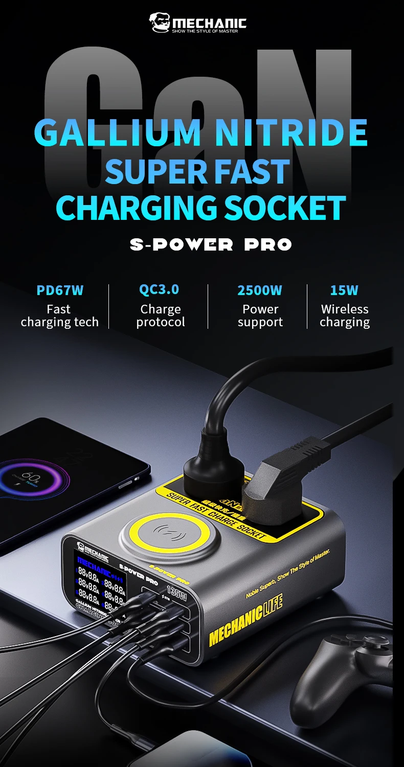 MECHANIC S-Power Pro Gallium Nitride Super Fast Charging Socket Digital display multi port wireless charger For iPad Phone etc