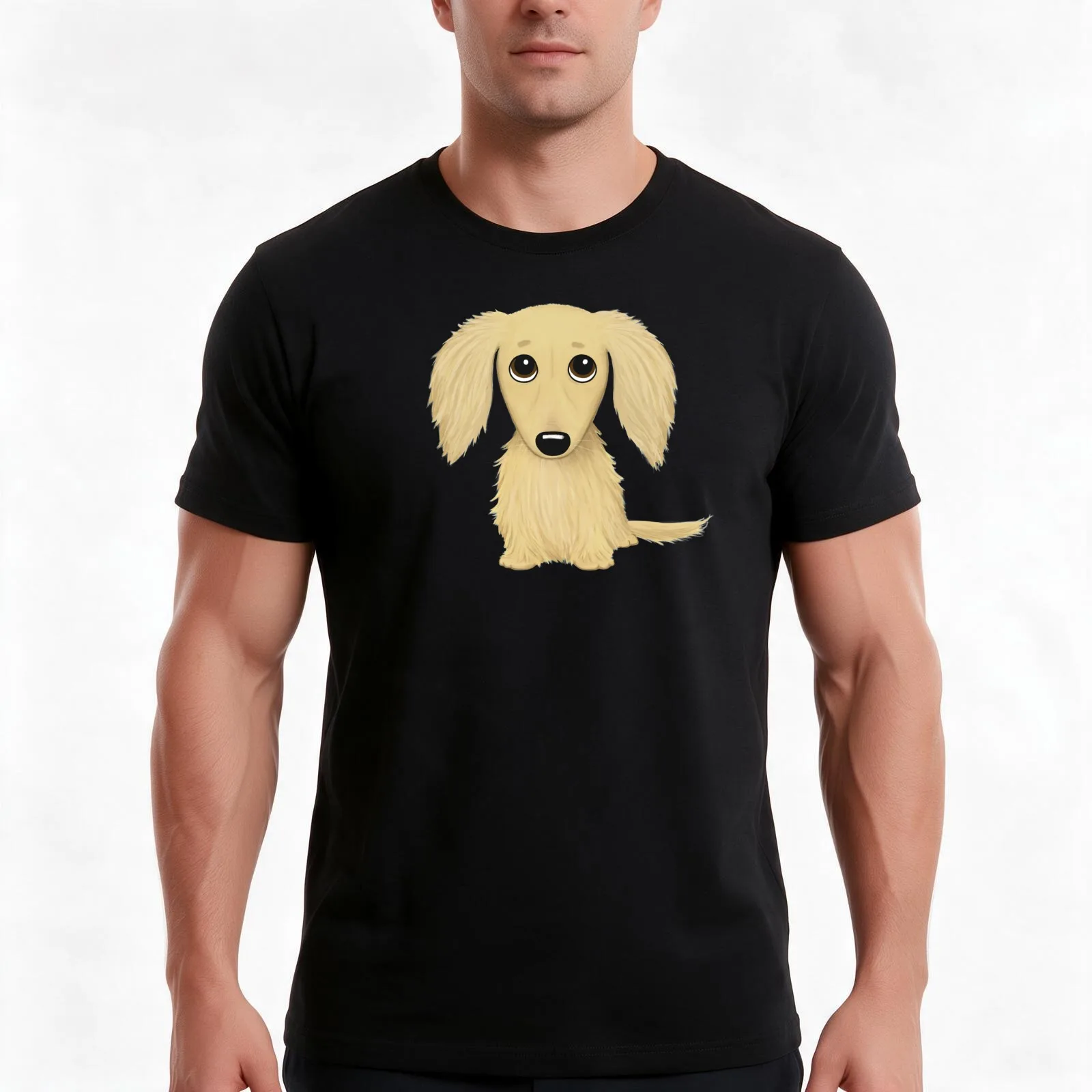 Longhaired Cream Dachshund Cartoon Wiener Dog T-Shirt, Summer Casual Cotton Tee, Oversized Streetwear Tops, Unisex Men Women