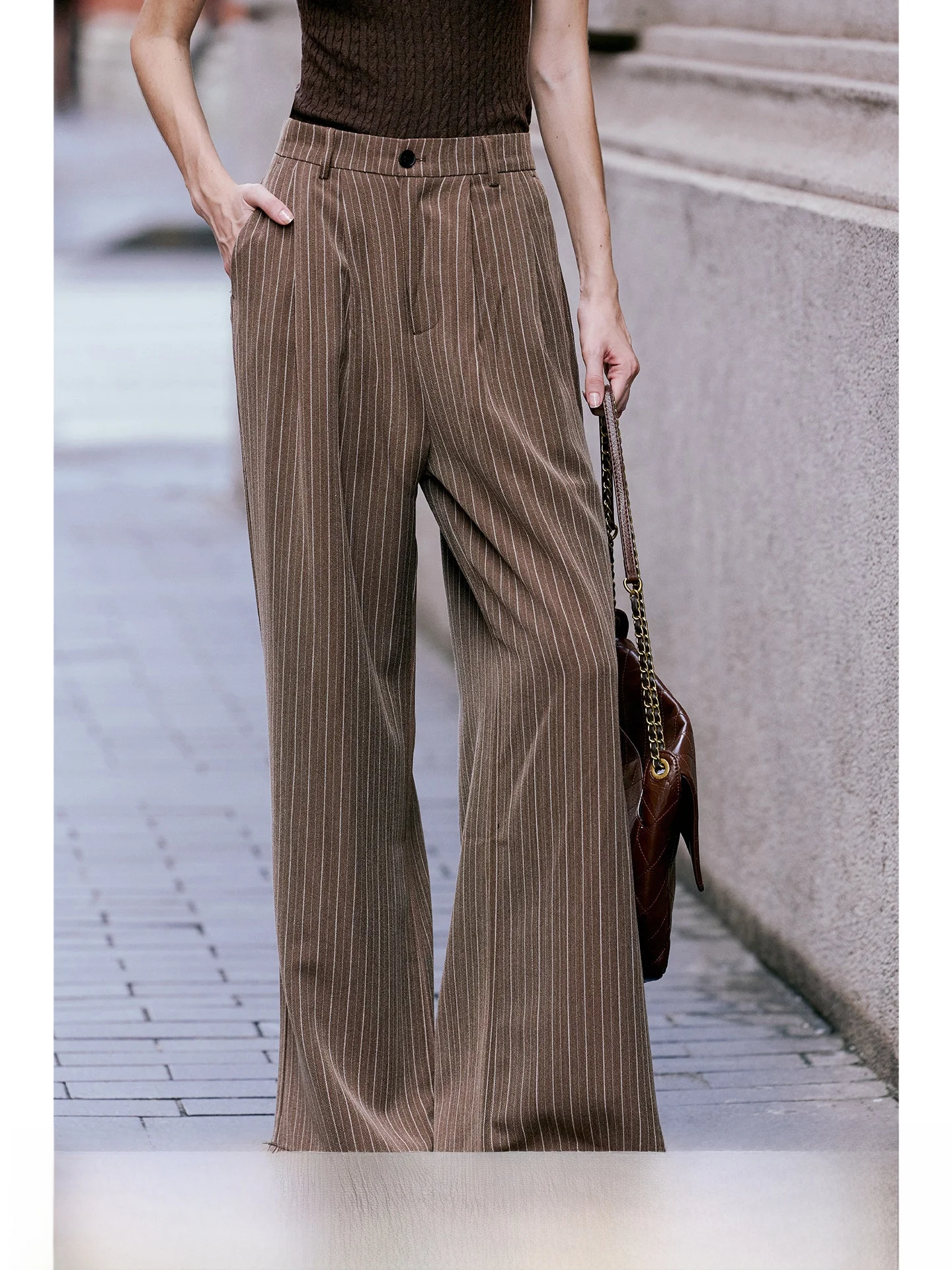 Luna7xi High Waist Wide Leg Casual Pants Women's Long Striped Drapey Straight Floor-Length Korean Style Comfortable Polyester