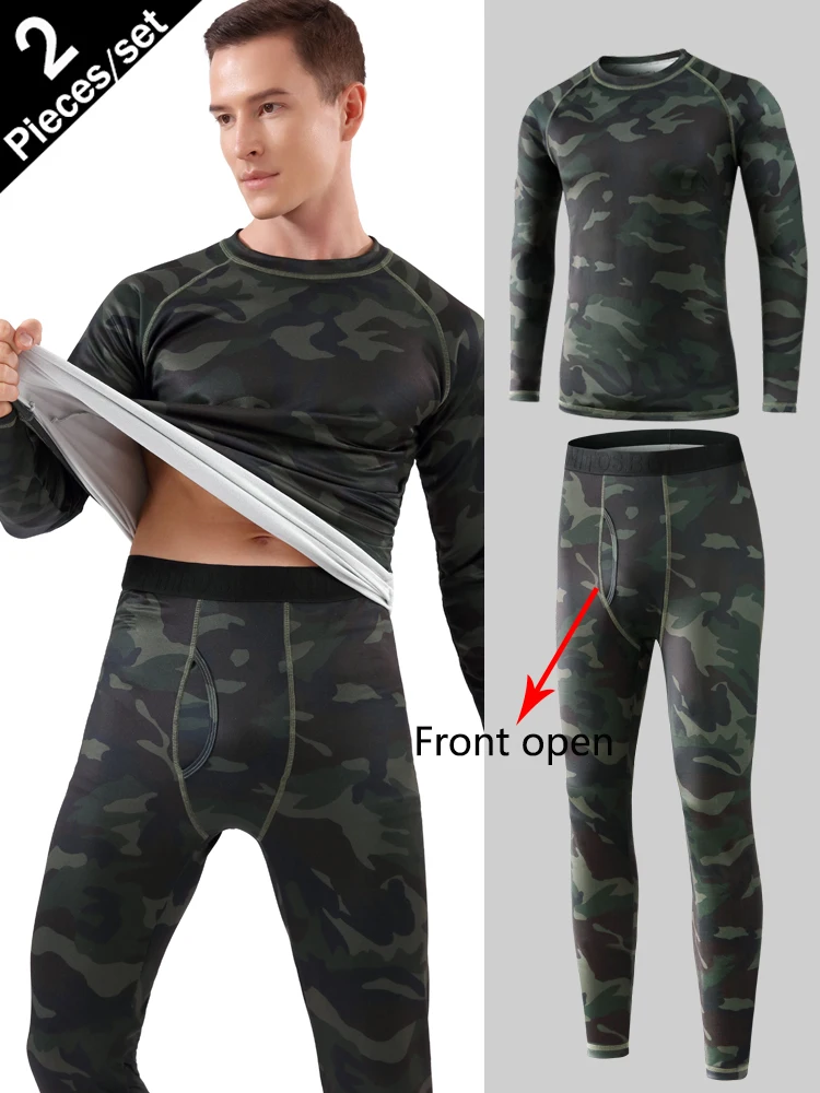 

2Pieces/Set Print Long Johns Thermal Underwear Men Velvet Fabric Warm pants Winter/Autumn Warm Suit Camouflage Men Sleepwear Set