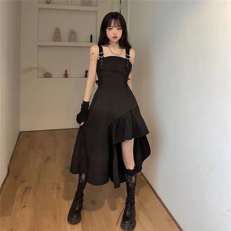 

Women's Harajuku Splicing Black Sexy Dress, Temperament, Kawaii, Sweet, Irregular, Drawstring, Fashion, Summer, Hot Girl, New