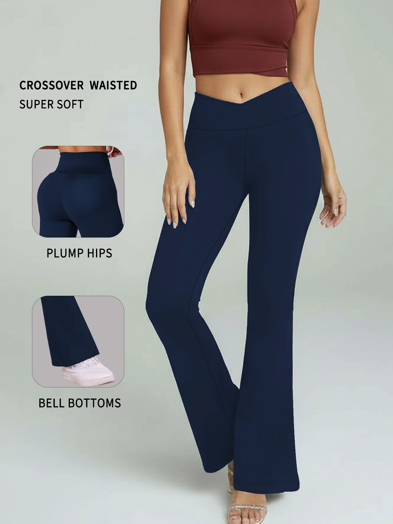 

Women's Super Soft Crossover High Waisted Flare Leggings. Tummy Control Yoga Bootleg Bell Bottoms