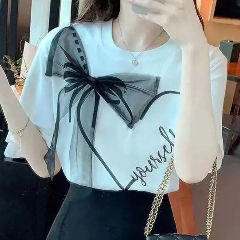 Loose T-shirts for Women All-match Korean Style Bow Summer Sweet Female Chic O-neck Short Sleeve Fashion Niche Casual Fit New