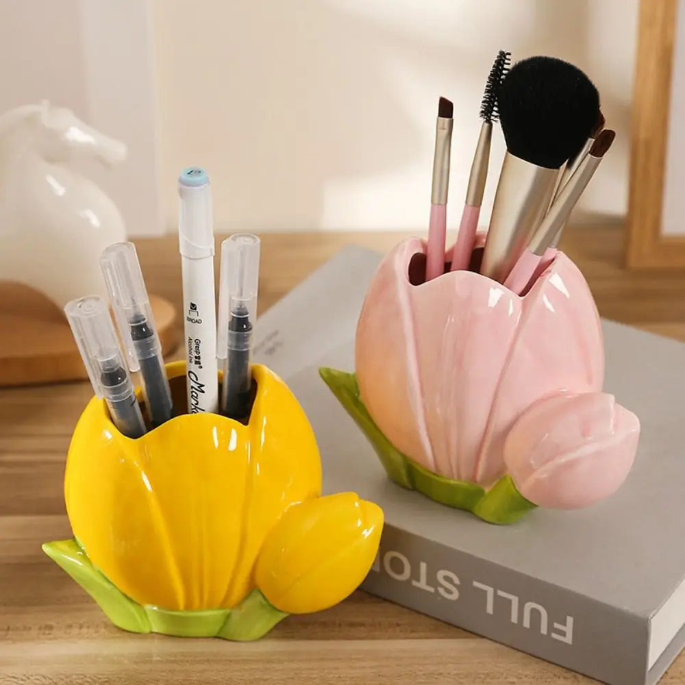 Cute Tulip Flower Pen Holder Ceramic Retro Makeup Brush Storage Bucket Aesthetic Multifunction Stationery Shelf Student
