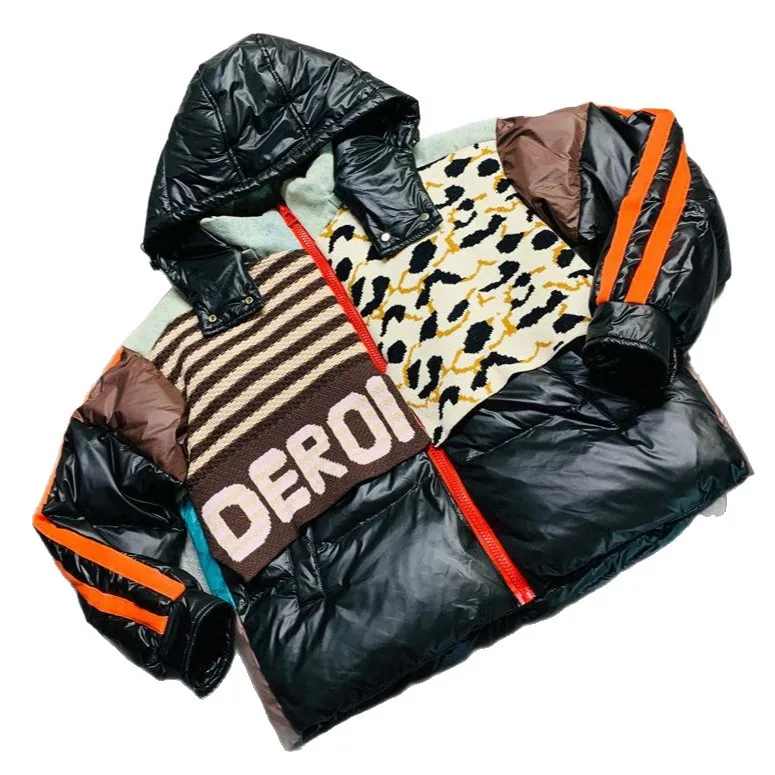 Down Jacket for Women 2025 Winter Denim Patchwork Knitted Striped Color-Block White Duck Down Thickened Puffer Jacket Coat